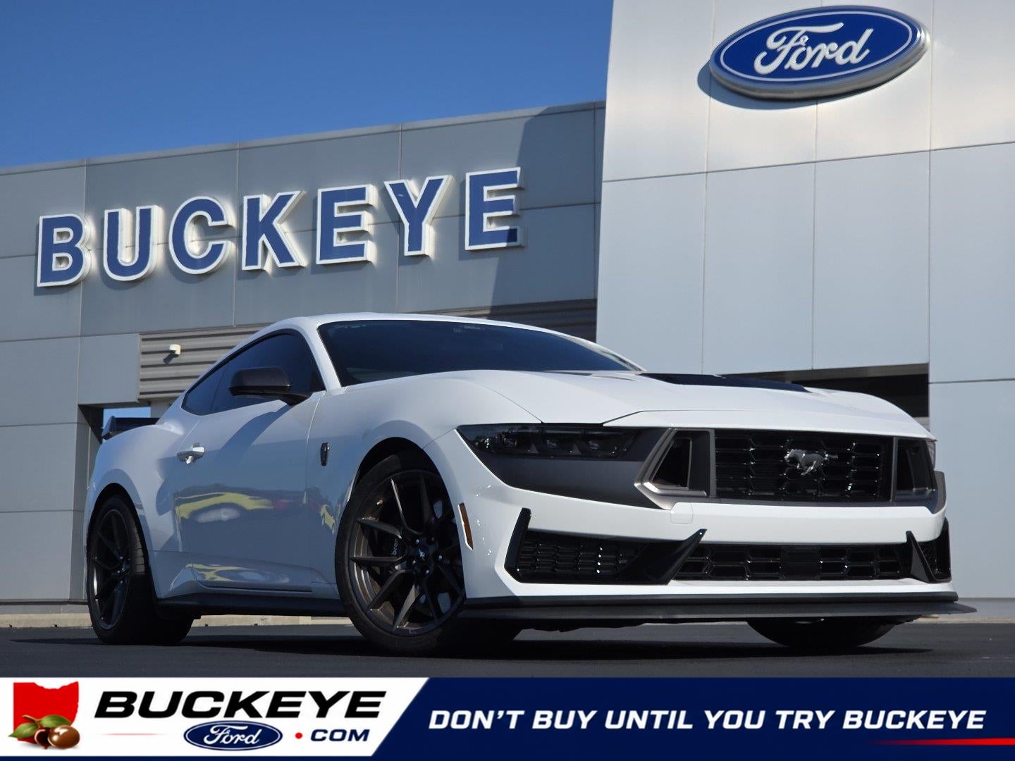 2025 Ford Mustang Dark Horse in Oxford White — front three-quarter view