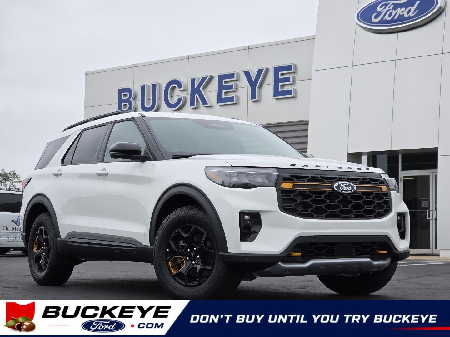 2026 Ford Explorer Tremor in Star White Metallic Tri-Coat — front three-quarter view