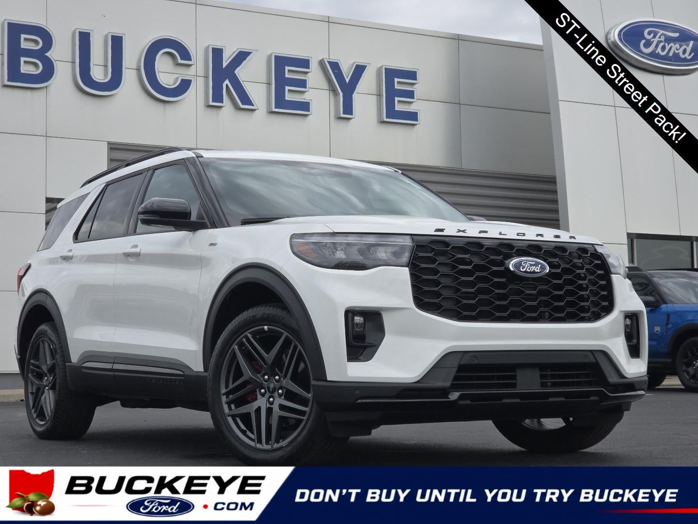 2025 Ford Explorer ST-Line in Star White Metallic Tri-Coat — front three-quarter view