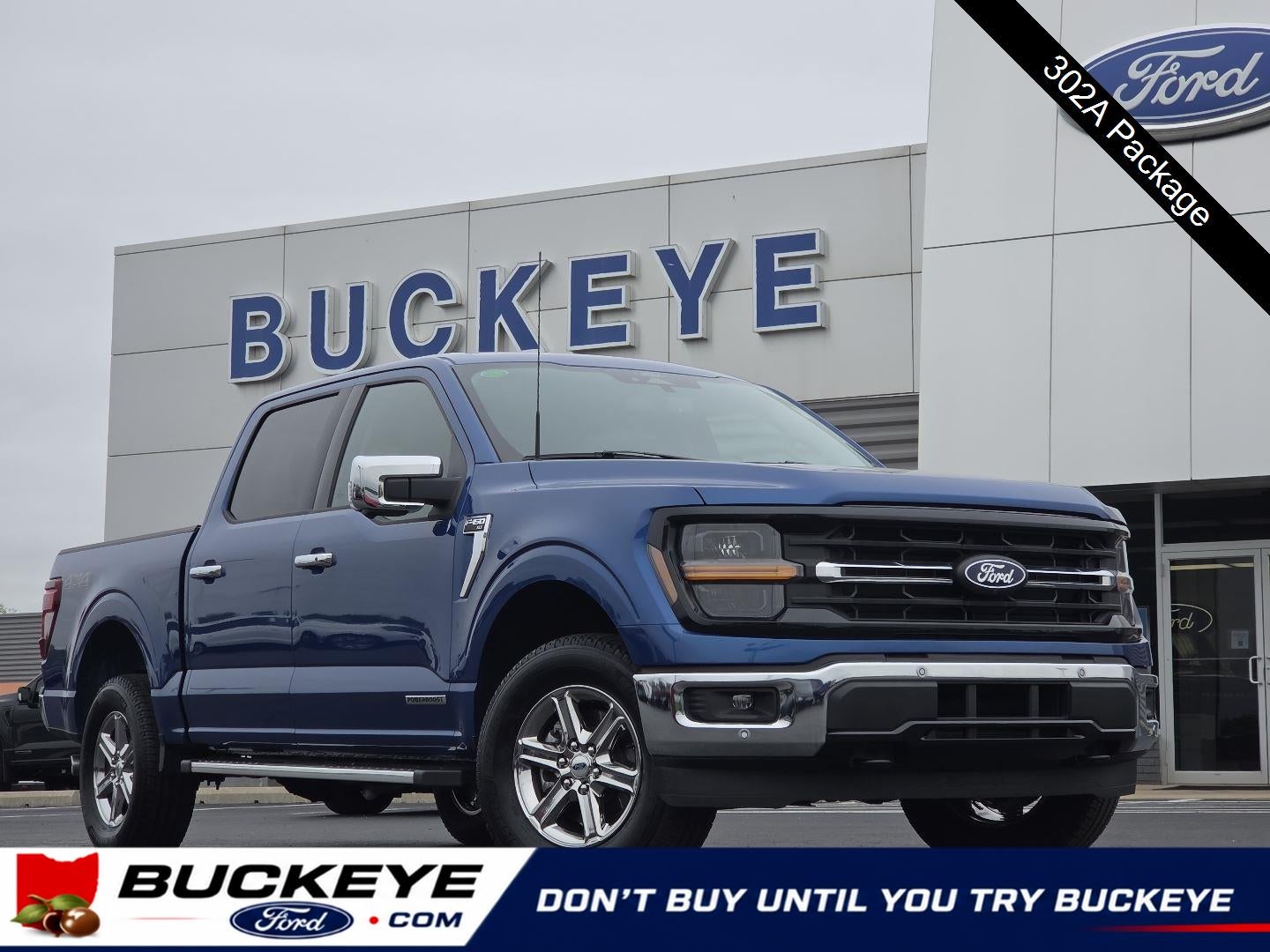 2025 Ford F-150 XLT in Atlas Blue — front three-quarter view