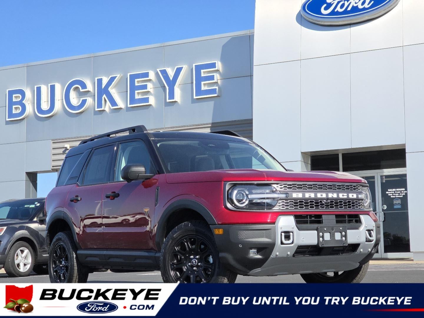 2025 Ford Bronco Sport Badlands in Ruby Red Metallic Tinted Clearcoat — front three-quarter view